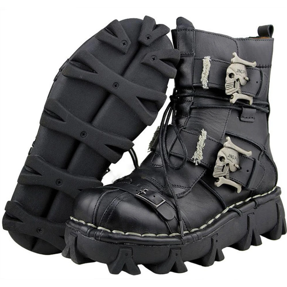 

Men's Cowhide Genuine Leather Motorcycle Boots Military Combat Boots Gothic Skull Punk Boots