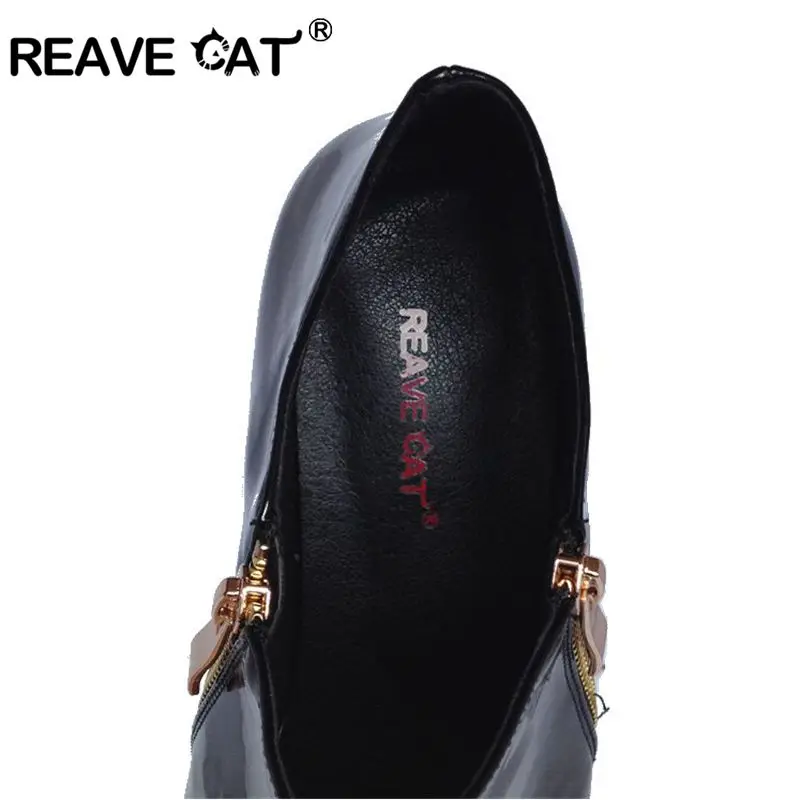 Женские туфли с застежкой-молнией REAVE CAT, лакированные туфли больших размеров 33-43 с заостренным носком, кожаные повседневные туфли черного и винного цвета на плоской подошве