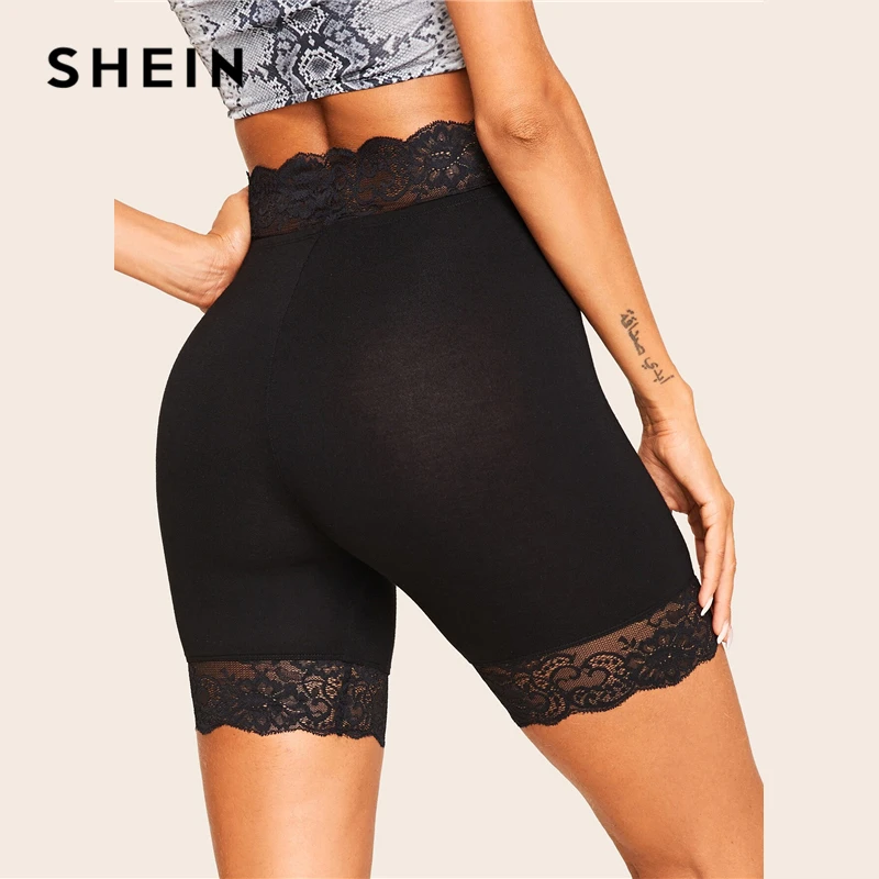 SHEIN, короткие однотонные байкерские леггинсы с кружевной отделкой, женские,, байкерские короткие, летние, эластичные, для фитнеса, средней талии, обтягивающие, базовые леггинсы