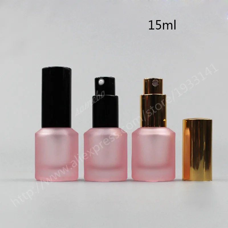

Hot sale 50pcs/lot 15ML Pink Frost Glass Bottle With Black Lotion Pump or Sprayer, Cosmetic Essence Emulsion Packing Bottle