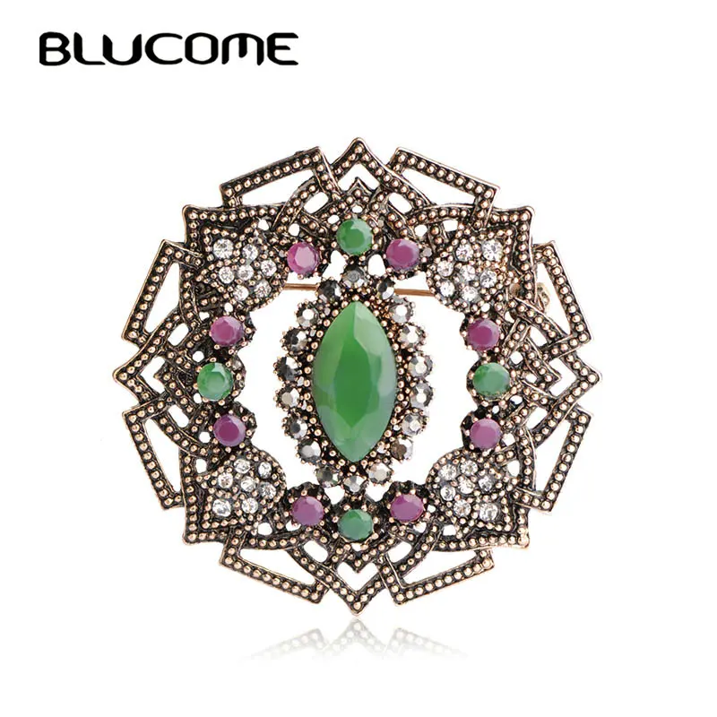 Blucome 2018 New Retro Style Blue Exquisite Metal Brooch Resin Acrylic Women Hat Hair Accessories Gifts Round Party | Украшения и