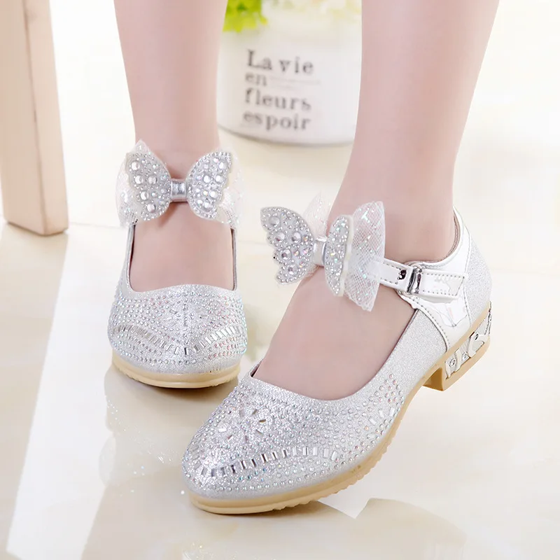 Туфли принцессы Детские кожаные высокий каблук бант стразы на свадьбу обувь для