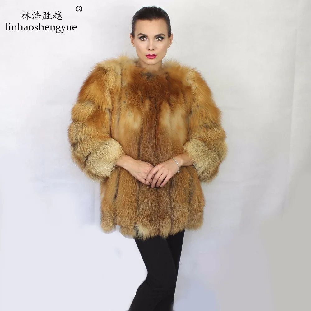 Linhaoshengyue  Fashion Winter Warm Real Fur Red Fox Fur Women Coat Freeshipping