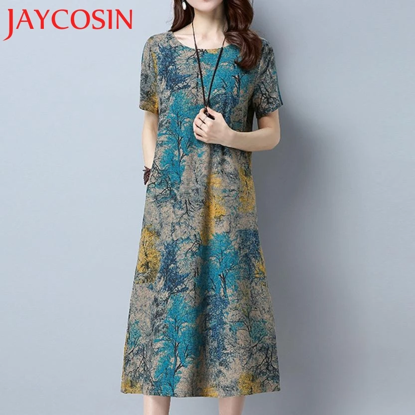 2018 модное женское платье с коротким рукавом и круглым вырезом хлопковое льняное