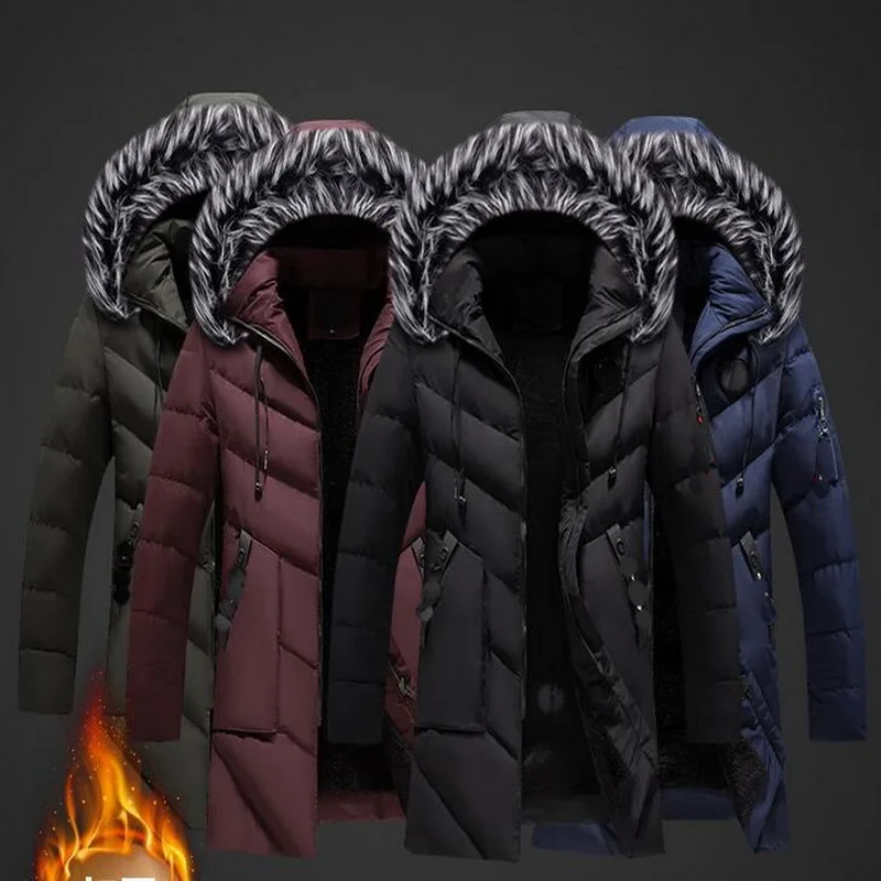 Parkas Men Fashion Warm Large Fur Collar Cotton Coat Hooded Brand Men's Outwear Striped Jacket | Мужская одежда