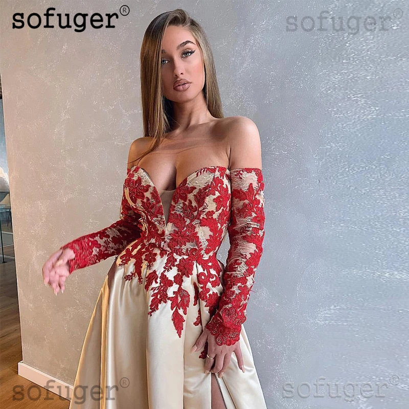 Sofuge/Вечерние платья с длинными рукавами с открытыми плечами, красные вечерные платья с кружевами и аппликациями Арабский мусульманский особый случай