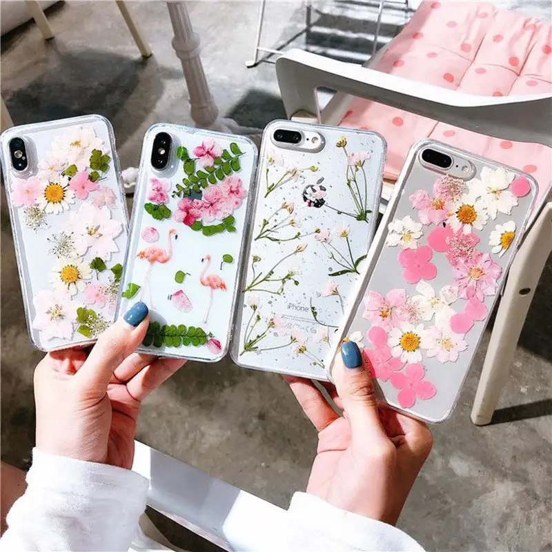 Настоящие цветы сухоцветы Мягкие TPU чехол для iPhone X XS XR XS Max 6 6 S 7 8 плюс Прозрачный Bling Красивая задняя крышка