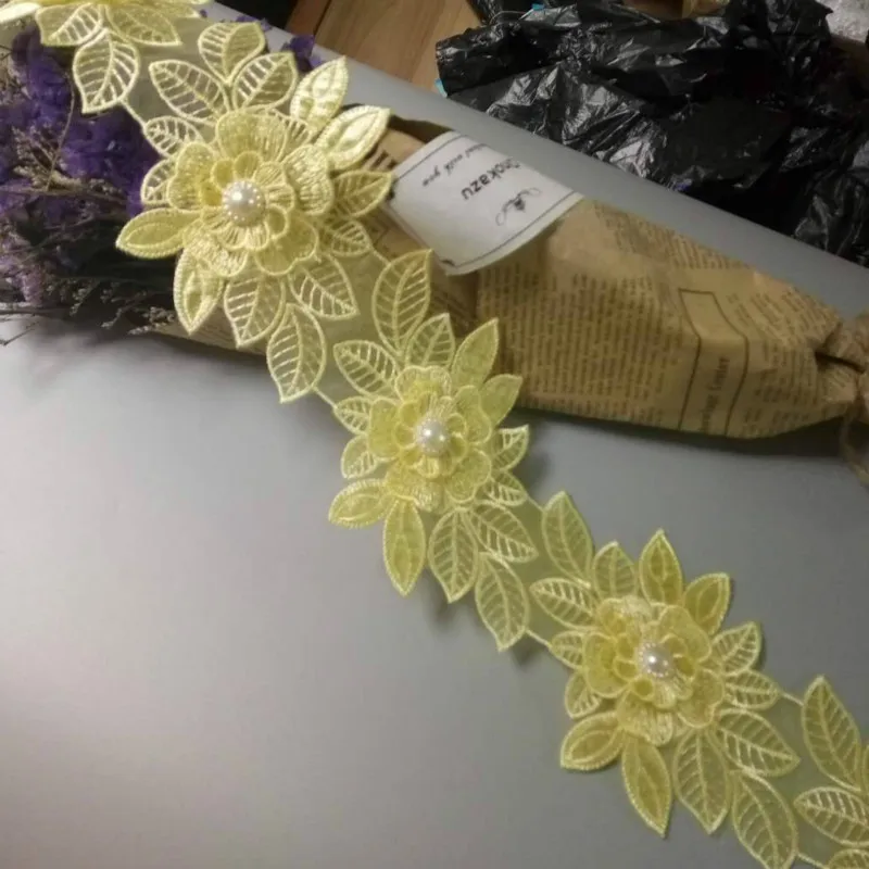 1 ярдов 9х13 см желтый жемчуг цветок лист ручной работы вышитый бисером кружевная