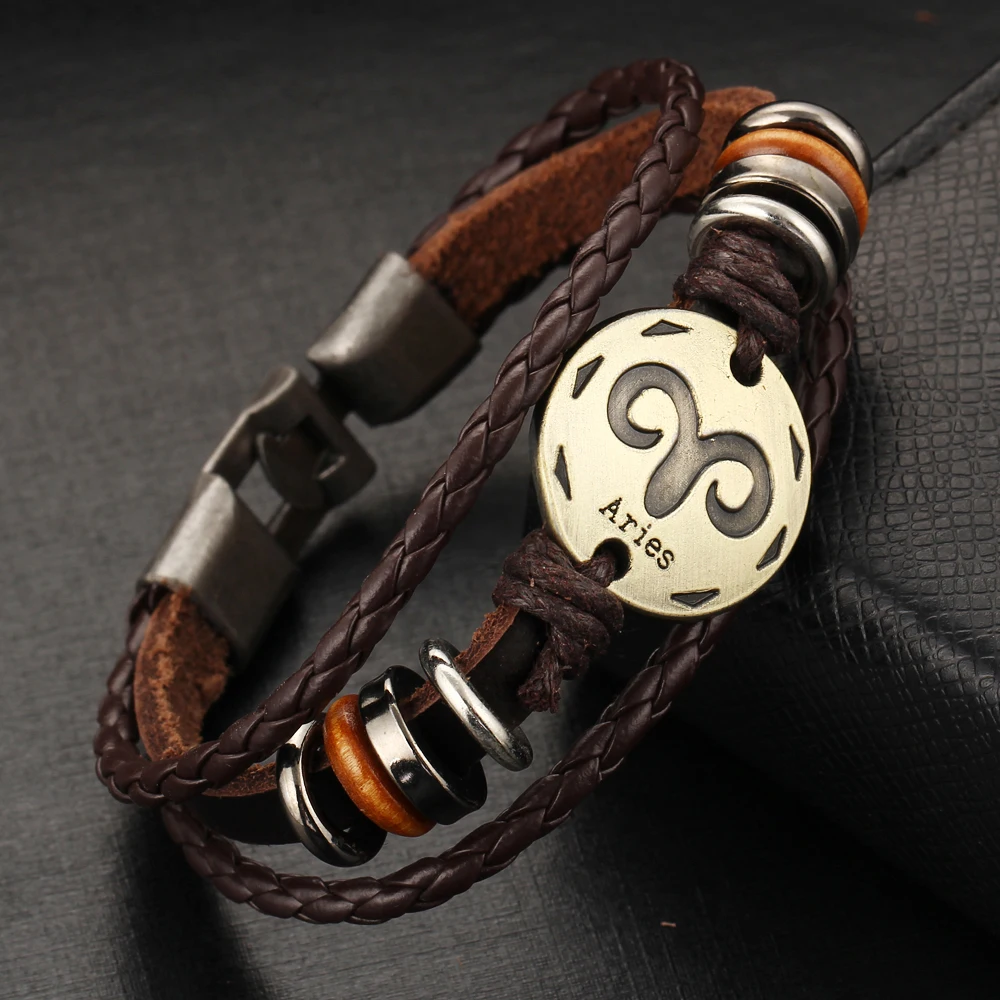 2017 панк 12 созвездий браслеты кожаные модные ювелирные изделия мужские