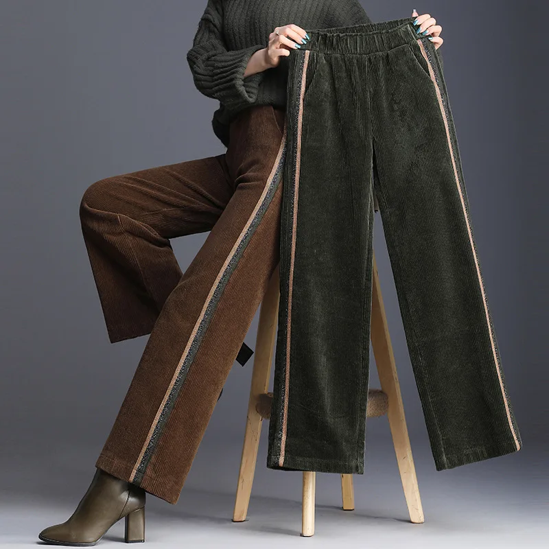 Брюки женские вельветовые с широкими штанинами и высокой талией|Брюки| |