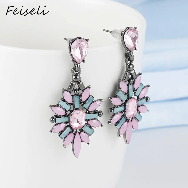 Feiseli красочные ретро горный хрусталь кристалл геометрические свисающие серьги