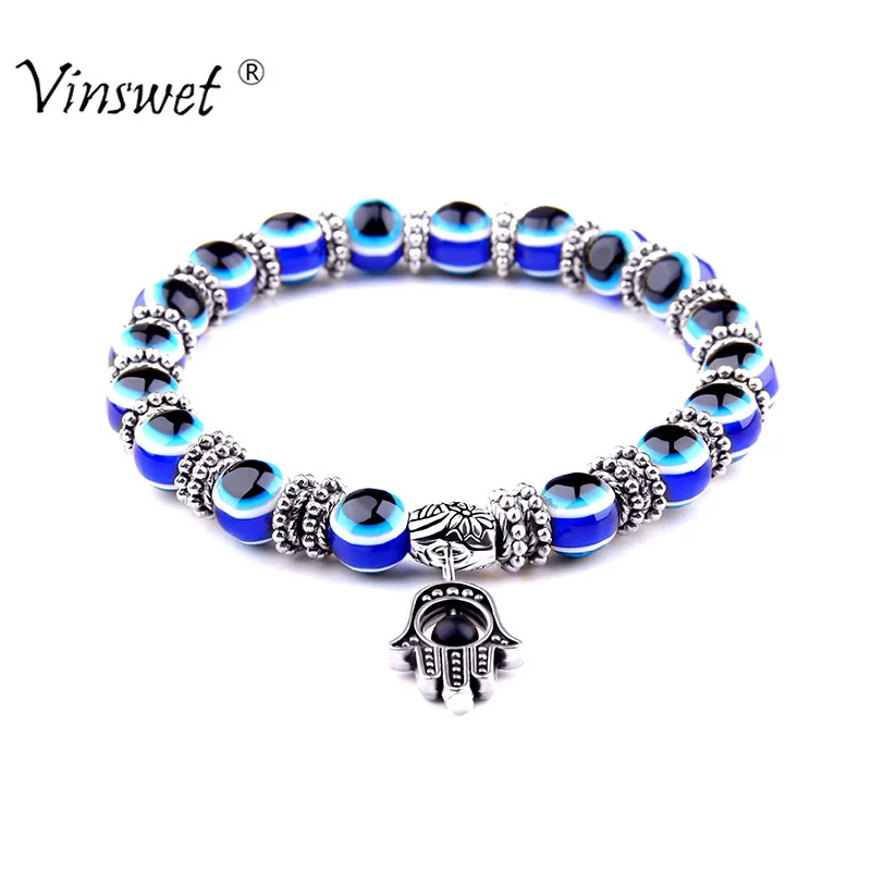 Серебристо Цвет голубой Дурной глаз Хамса рука Фатима ладони браслеты для женщин