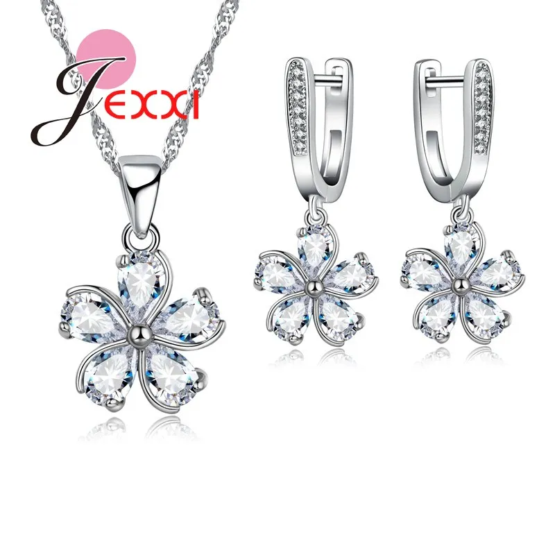 Для женщин ювелирные изделия Серебряное ожерелье + серьги набор красивый цветок