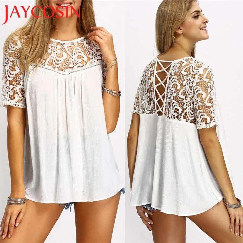 JAYCOSIN SIF 2017 New Fashion Sexy Women Summer Tops Lace Hollow High Quality Solid Short Sleeve Tank T-Shirt Drop Shipping 126 | Женская