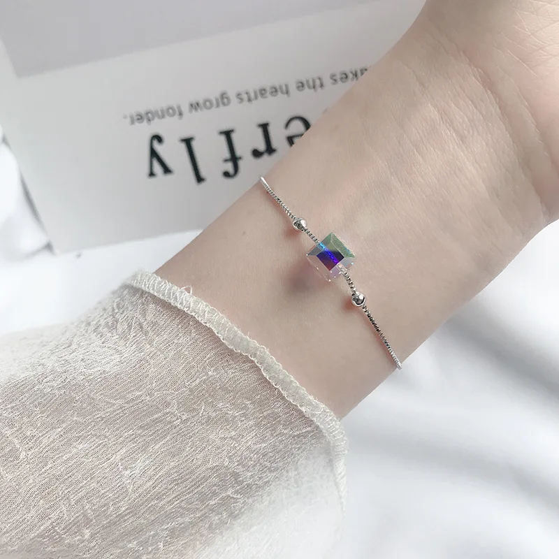 Aurora Square Crystal Real 925 Sterling Silver Bracelets for Women Female Korean Ins Style Box Chain Bracelet Jewelry YBR157 | Украшения и