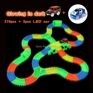 Светящиеся в темноте треки, изгибающиеся гибкие слоты, набор для самостоятельной сборки гоночного трека, мигающие рельсы, игрушки-пазлы 310 шт. светодиодный машинками