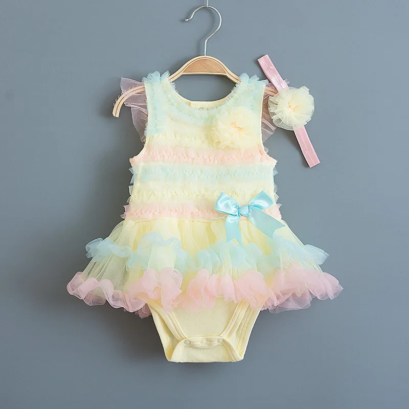 

Candy Rainbow Summer Baby Girl Dress Ruffle Lace Tutu Birthday Party Dresses for Princess Infant Girl Clothes with Headband