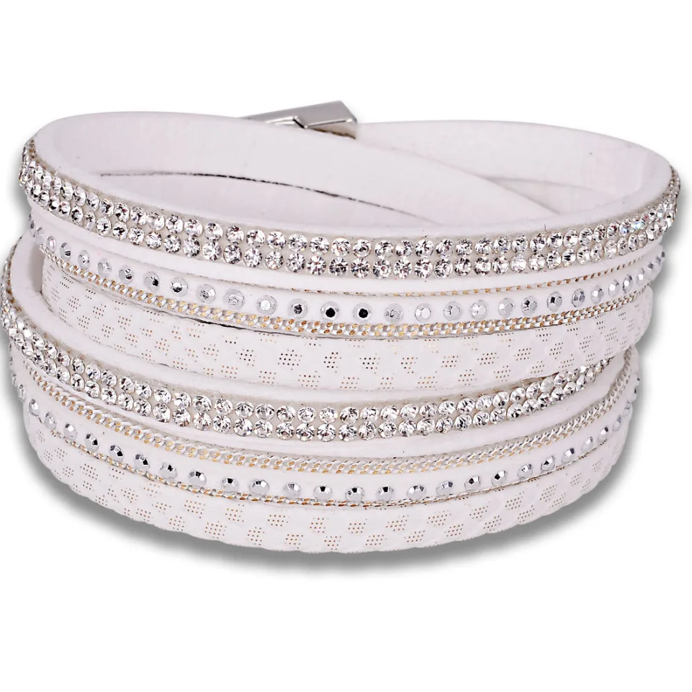 Женский кожаный браслет с двойной металлической цепочкой и кристаллами|wrap leather