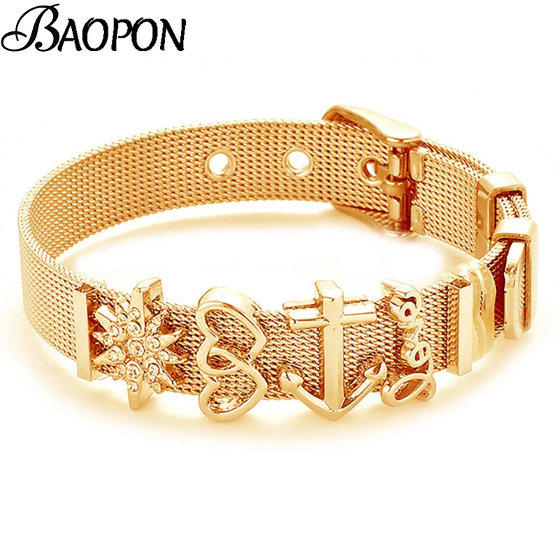 Fashion Stainless Steel Woman Men Bracelet Mesh Bracelet Set Crystal Heart Anchor Charm Fine Bracelet Bangle for Female Lover