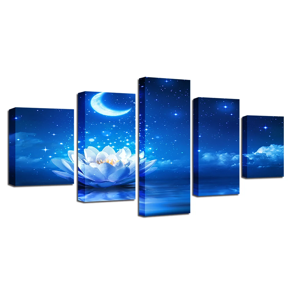

Modern Canvas Wall HD Art Poster Home Decor 5 Panel Moon Lotus Landscape Living Room Print Painting Modular Pictures Unframed