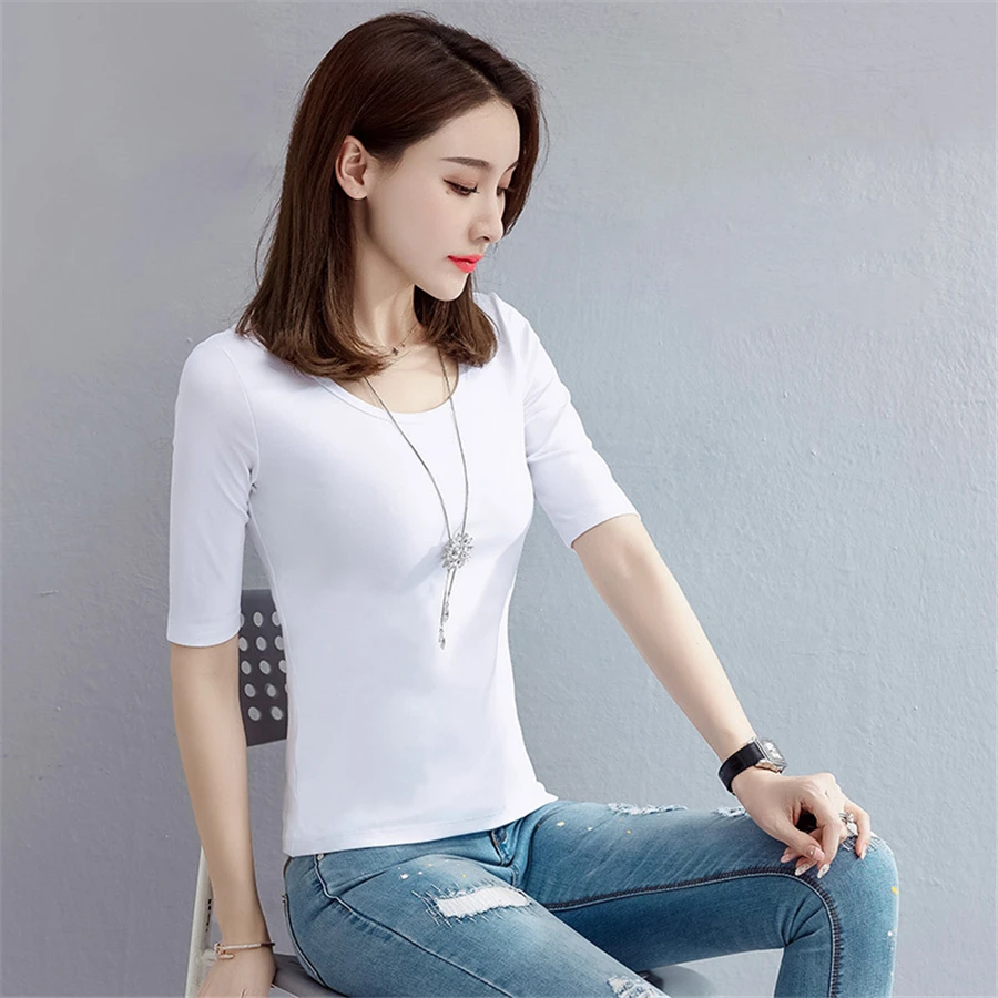 Half Sleeve Women T Shirt Cotton White Tee Femme Sexy Harajuku Streetwear Oversize Ladies Tshirt Top Elegant KC6G054 | Женская одежда