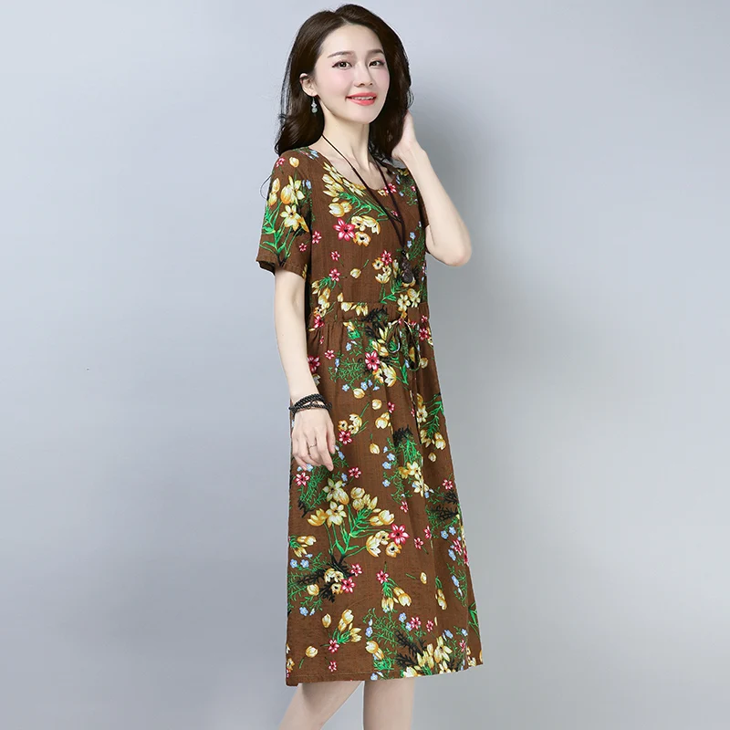 Мода 2018 новые летние женские платья хлопок лен с рисунком тонкая талия платье