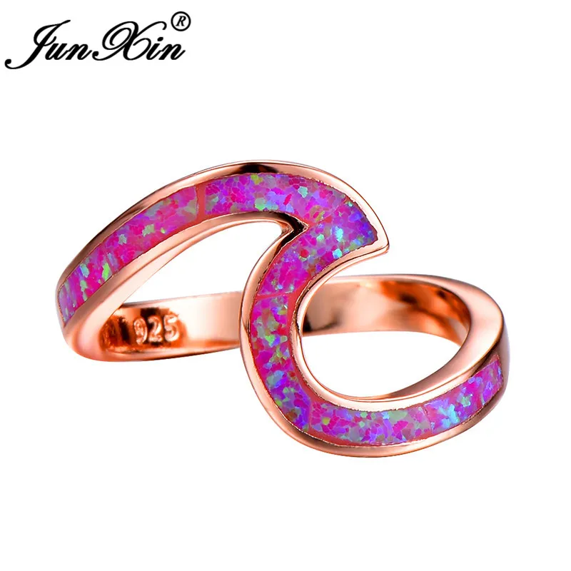 Rose Gold Purple JUNXIN Женский Мужской волна кольца для мужчин и женщин 925 серебряный черный однотонный цвет розовое золото Синий Розовый Фиолетовый Белый огненный опал кольцо свадебный подарок - Цвет основного камня: Rose Gold Purple
