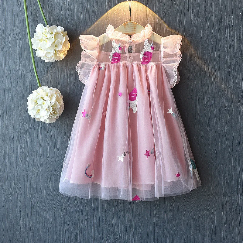 Unicorn Princess Dress Vestido Infantil 2018 Lace Peach Blossom Embroidery Layered Baby Girl Cute Birthday Party | Детская одежда и