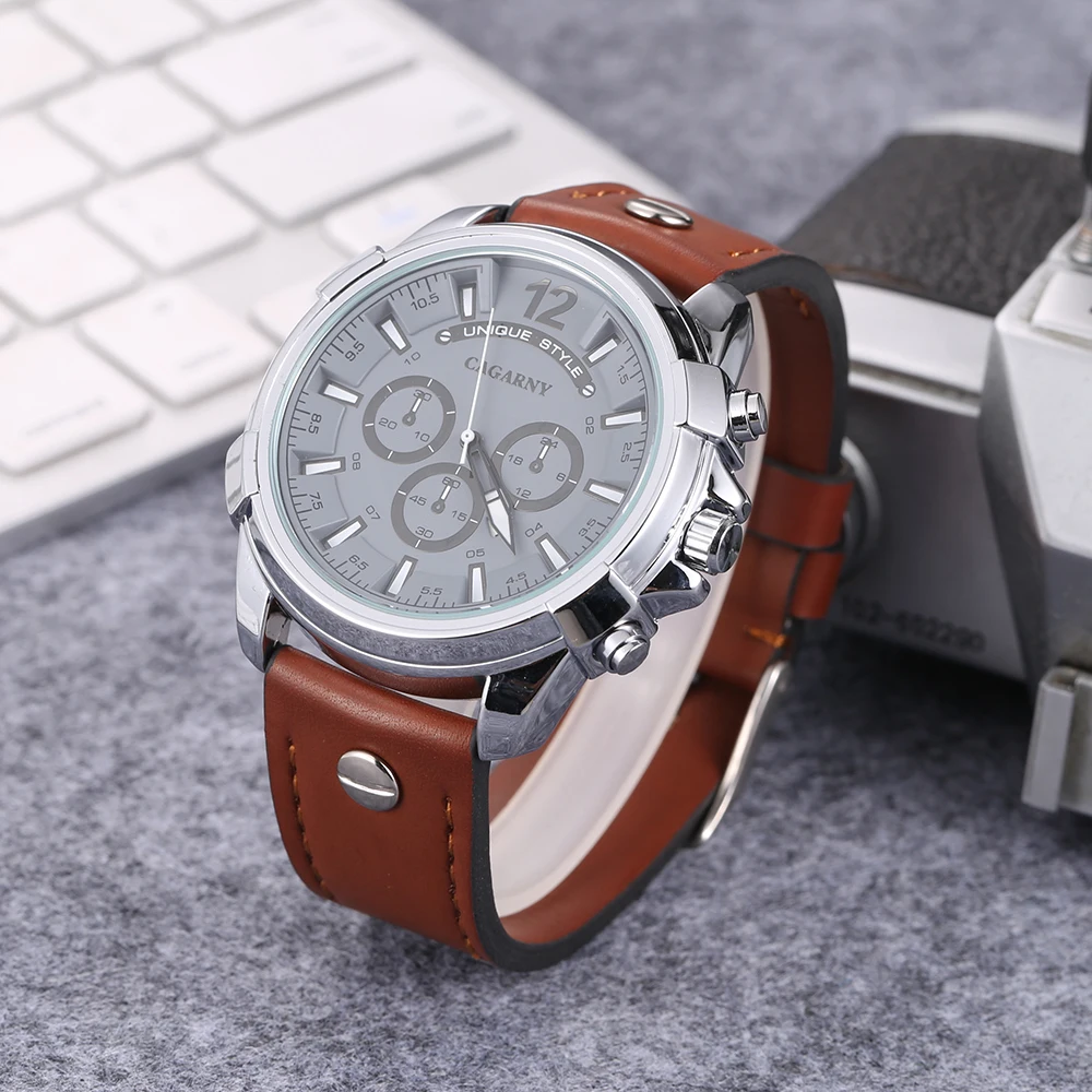 5.2cm Big Case Analog Quartz Watch Men Waterproof Leather Strap Mens Watches Luxury Brand Cagarny Military DZ Relogios Masculino | Наручные