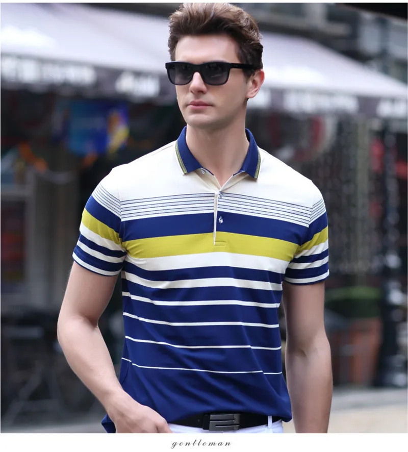 Рубашка поло мужская в полоску лацканы модные деловые Топы с коротким