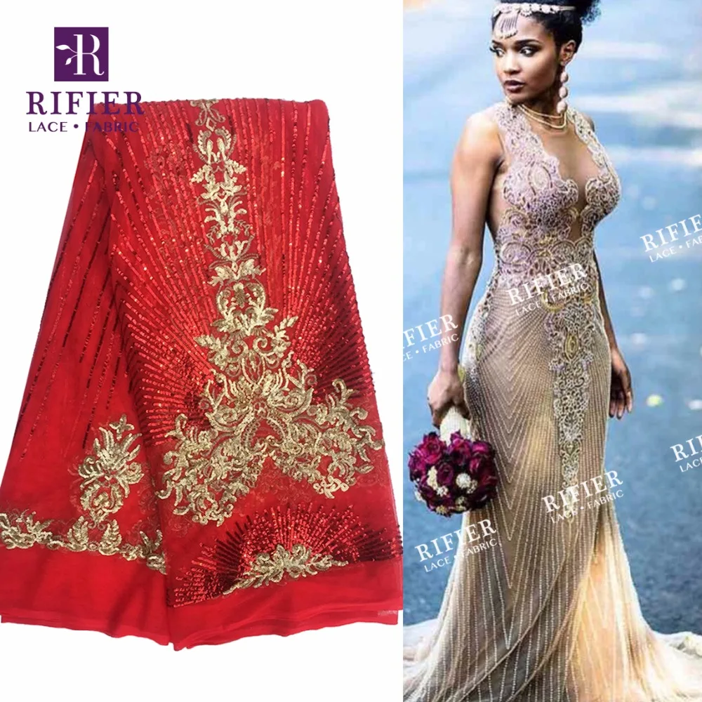 Red And Gold Sequined Mesh Tulle Lace Fabric Amazing Sexy Guipure Design Evening Dresses Lace Material 2018 African Quality Lace