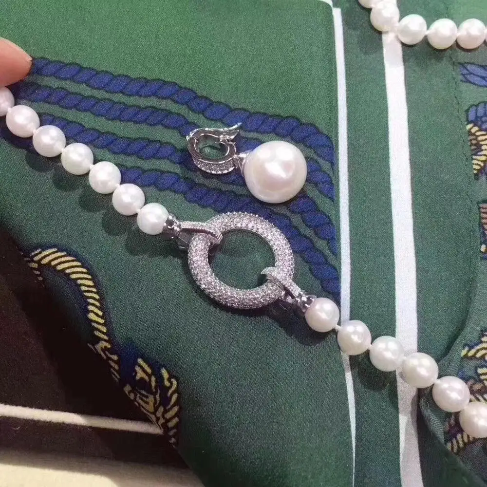 Великолепное Круглое Белое жемчужное ожерелье с подвеской ЮЖНОГО МОРЯ 9-10 мм 24