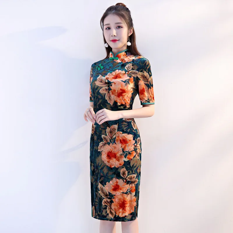 Бархатный Чонсам с цветами, сексуальный Qipao, новинка, тонкий цветочный принт, короткий рукав, кнопка ручной работы, Qipao, размер L-4XL