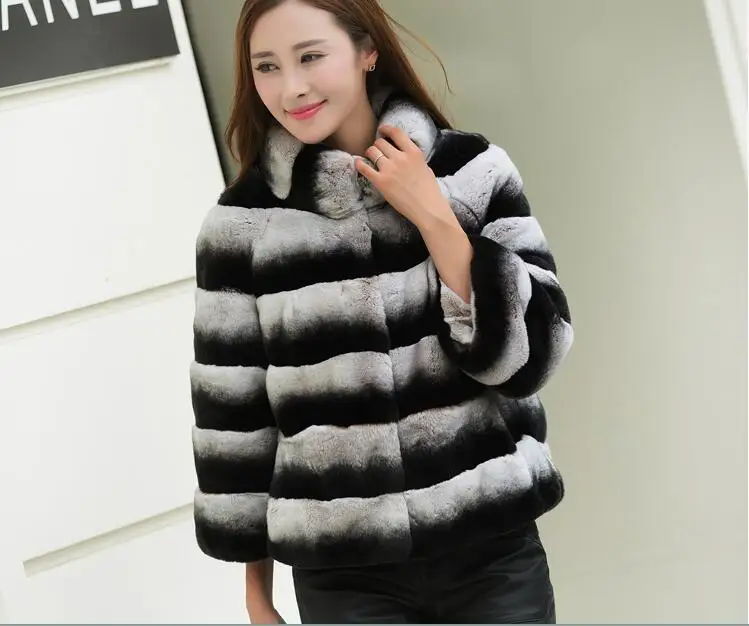Natural Color Short Женский Настоящий мех кролика пальто стоячий воротник натуральный мех зимняя куртка длинный стиль Chinchill натуральный мех пальто - Цвет: Natural Color Short