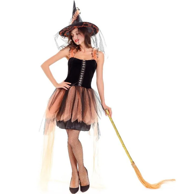 

Women Lady Sexy Orange Witch Cosplay Costume Adults Fairy Witch Stage Performance Costumes Party Dress Decor Halloween