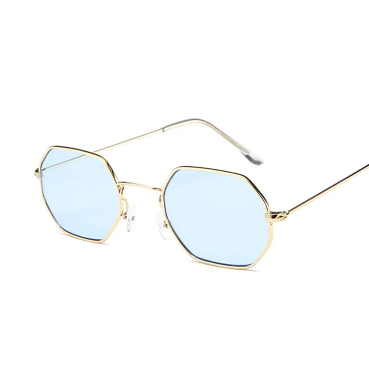 Gold Blue Модные солнцезащитные очки женские розовые оттенки маленькая оправа полигоновые прозрачные линзы Солнцезащитные очки Мужские Винтажные Солнцезащитные очки Шестигранная металлическая оправа - Цвет линз: Gold Blue