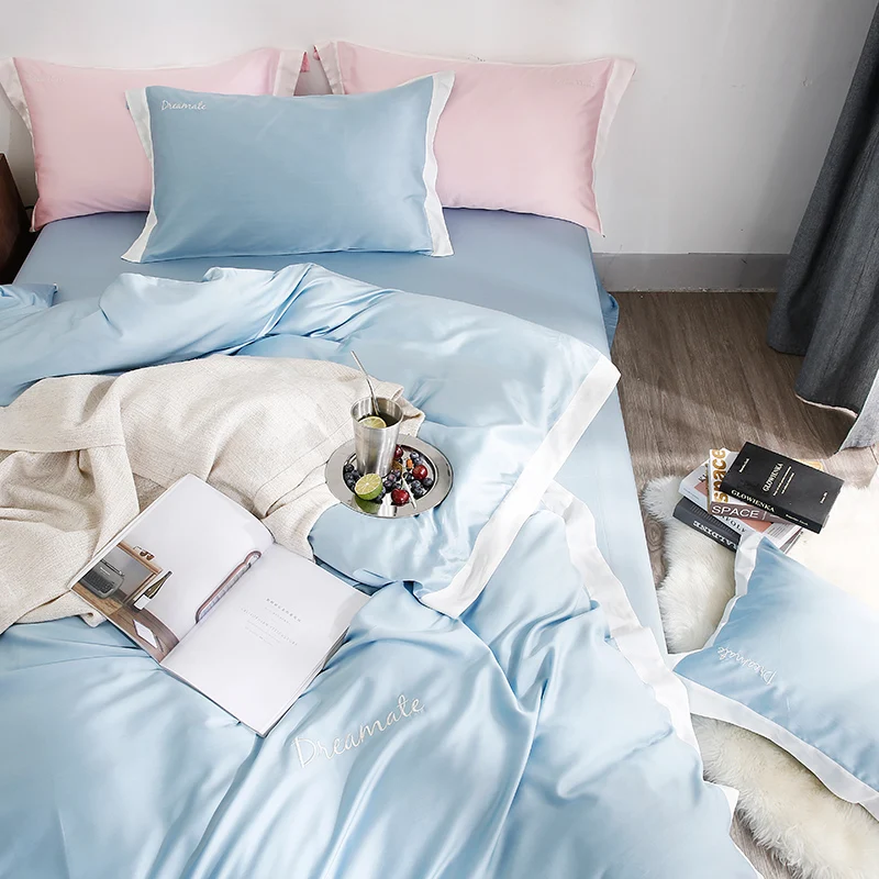 Домашние комплекты постельного белья из хлопка tencel, белый, синий, розовый, королева/король размер, пододеяльник, простыня, наволочка постельное белье, постельное белье