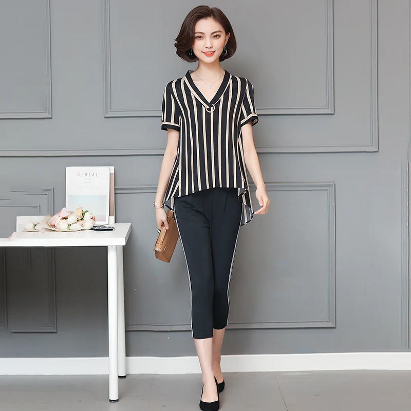 

fashion new summer wear women's outfit two-piece clothing set stripe blouse shirt slim pants plus size L - 5XL loose top lady