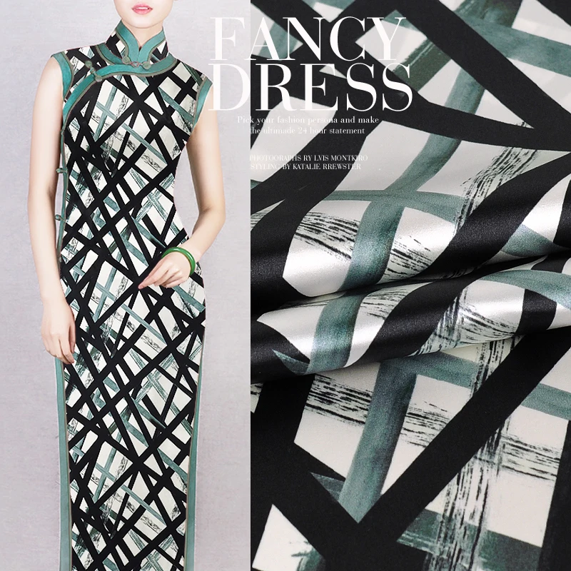 

108CM Wide 19MM Dark Green Black Net Print Stretch Silk Satin Fabric Good for Summer Dress Skirt Shirt Pants JH186