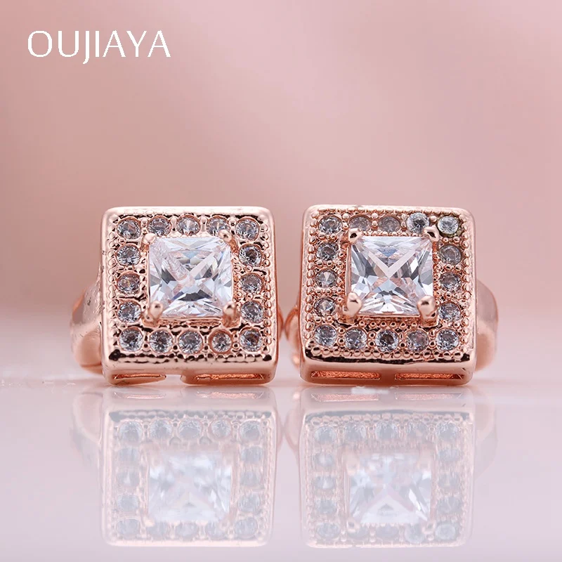 

OUJIAYA Luxury square 585 Rose Gold Women Dangle Earrings Micro Wax Inlay Natural Zircon Fashion Wedding earrings A3