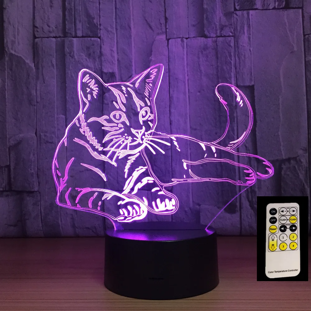 Пульт дистанционного управления лежащий Кот 7 цветов 3D светодиодный ночник USB 3AA