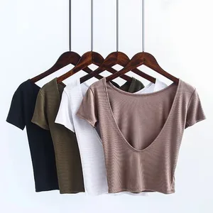 Женский облегающий укороченный пуловер ANSFX, облегающий укороченный пуловер с круглым вырезом и открытой спиной, короткий топ с короткими рукавами и эластичной нитью, 4 цвета