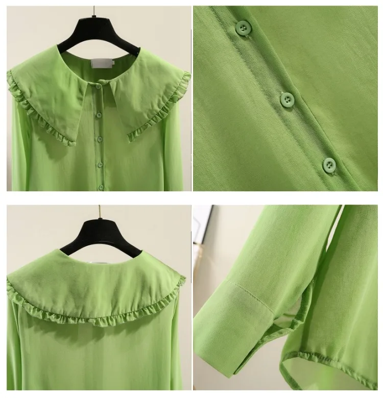 

2019 Spring Summer Green Chiffon Blouse Shirts Women New Doll Collars Long Sleeve Sweet Shirt Blusas Student