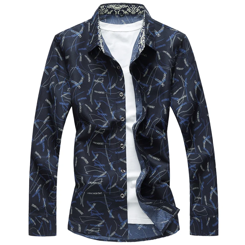 Мужская хлопковая рубашка с длинным рукавом повседневная Облегающая принтом