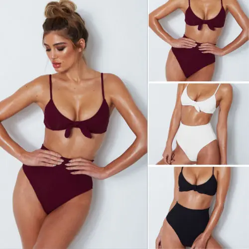 Сексуальный женский однотонный бикини купальник с высокой талией купальный