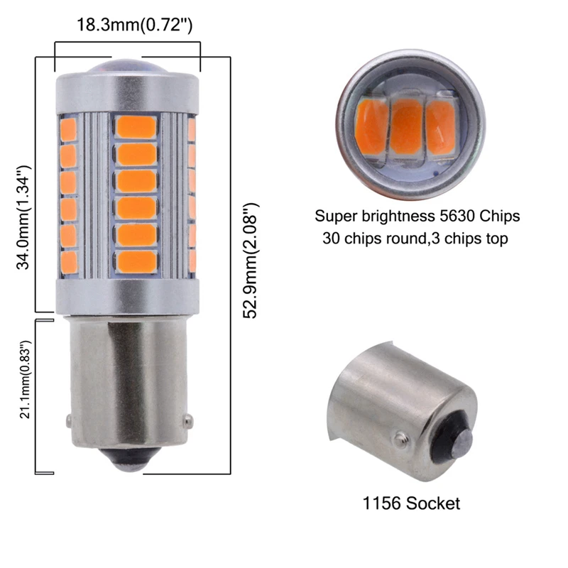Katur 2x 1156 BAU15S PY21W 150 Degree 1056 1156PY Car LED Lamp Turn Signal Light DC 12V 33-SMD 33 SMD 5630 Orange / Amber