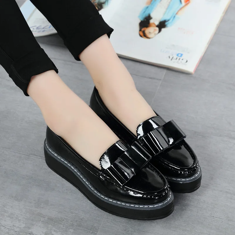 Bowtie Split Leather Oxfords Casual Flat Platform Loafers Brogue Shoes Woman Slip On Flats Vintage Women Creepers | Обувь
