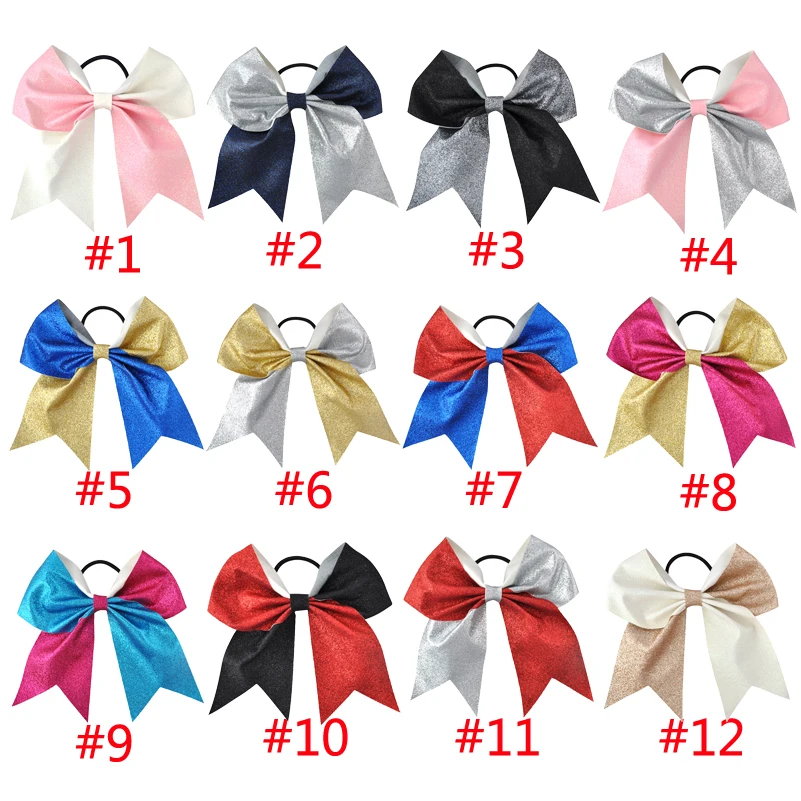 

12PCS/LOT 2Color Mix 7 Inch Girls Boutique Solid Glisten Cheerleading Bow Elastic Hair Bands Hair Bows Women Hair Accessories