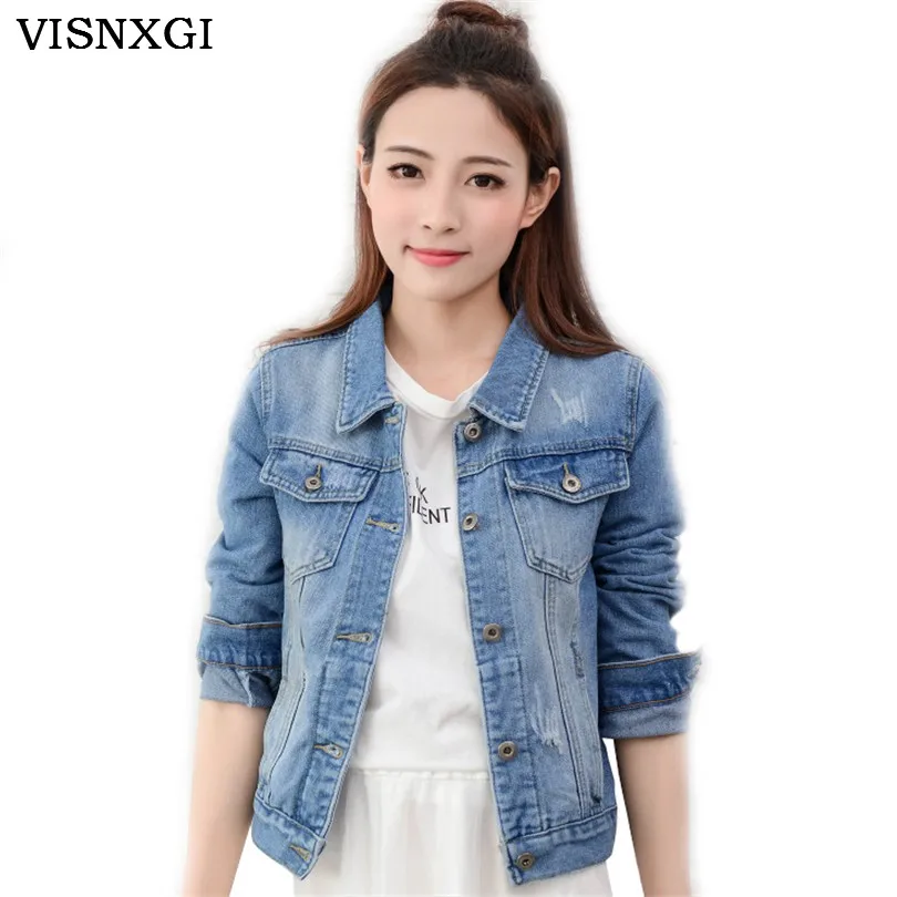 

VISNXGI Autumn Turn Down Collar Denim Bomber Jacket Women Single Breasted Slim Short Jeans Jackets Female Coat Vintage Outwear
