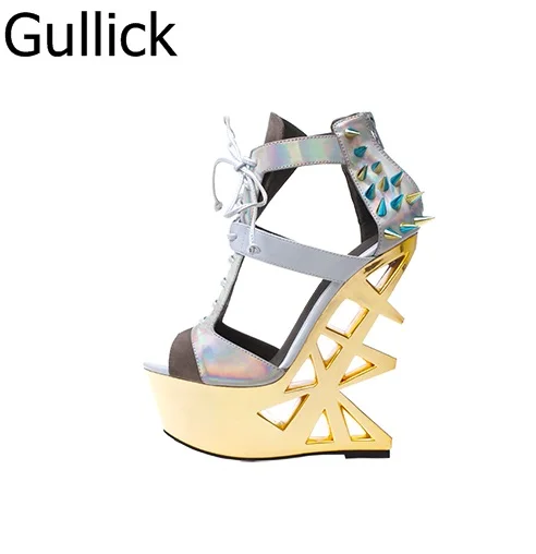 

Hot Selling Women T-Strap Peep Toe Hollow Out Sandals Party Style Back Zipper Fashion Platform Rivet Strange Metal Heel Shoes